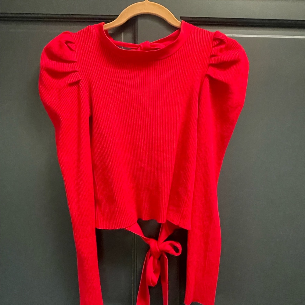 Women's Red Puff-Sleeve Tie-Back Sweater